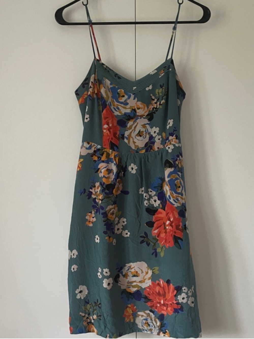 Anthropologie Teal Floral Slip Dress with Red & Yellow Blooms